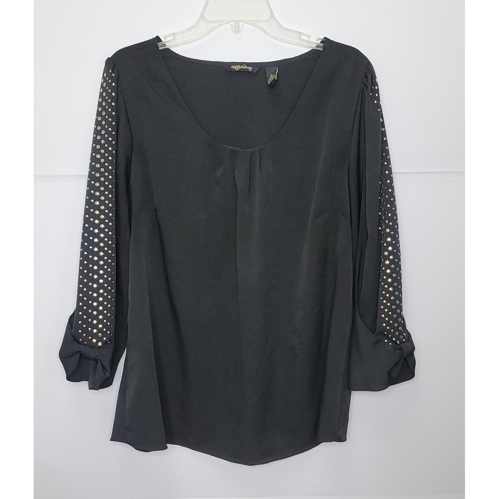 Millenium Blouse Women 1X Black Studded Sleeve‎ Bow Cuff Scoop Neck Top Goth Y2K